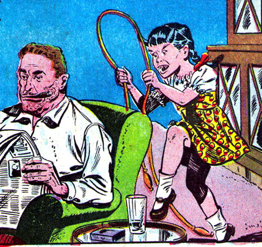 Comic book image of a young girl approaching a man from behind to strangle him